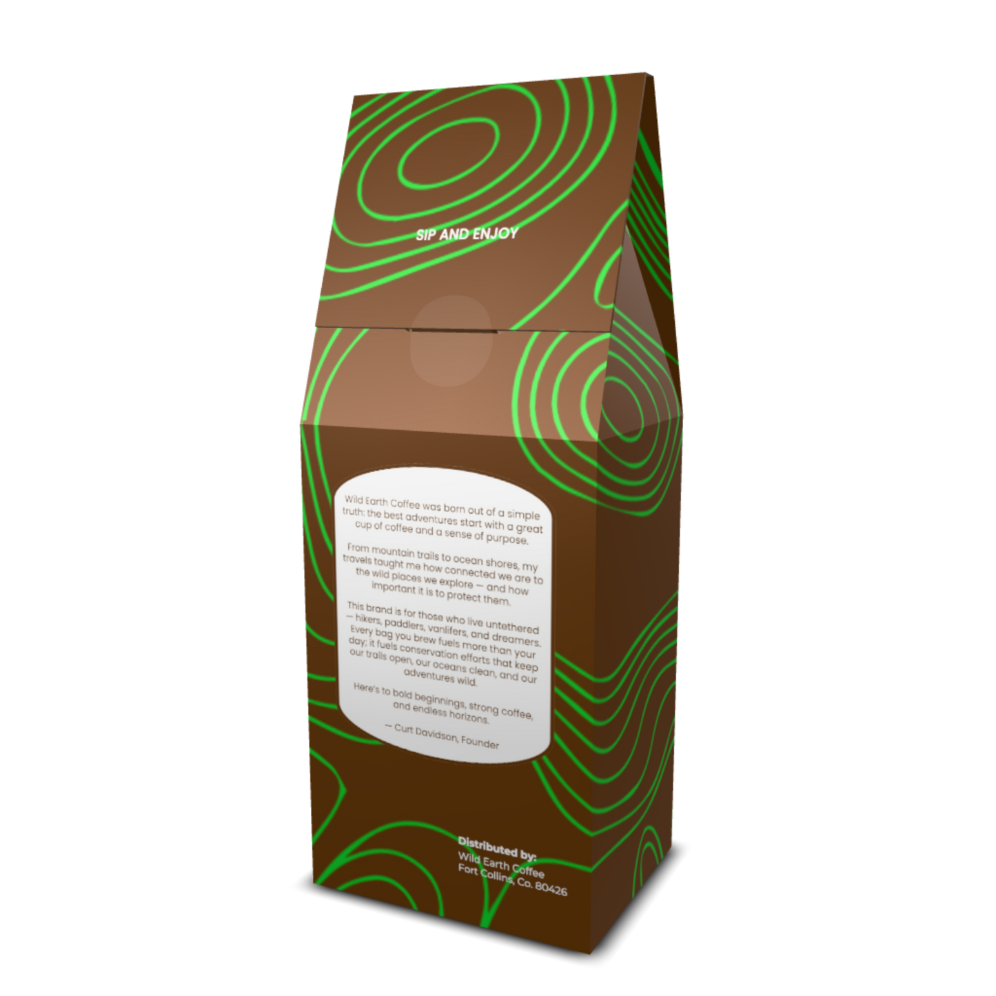 Brown coffee bag of Cascades coffee from Wild Earth Coffee with green topographical patterns and text on a white background.