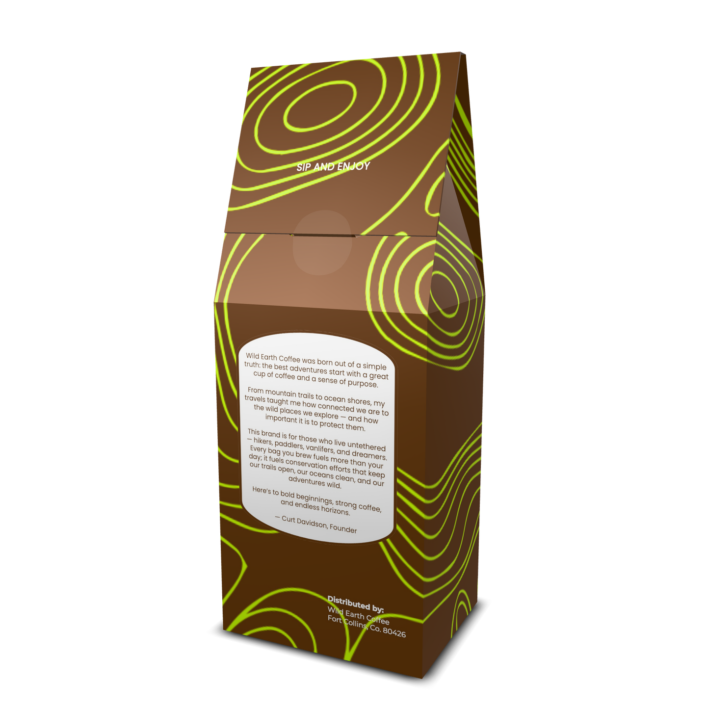 Brown coffee packaging with green circular patterns on a white background