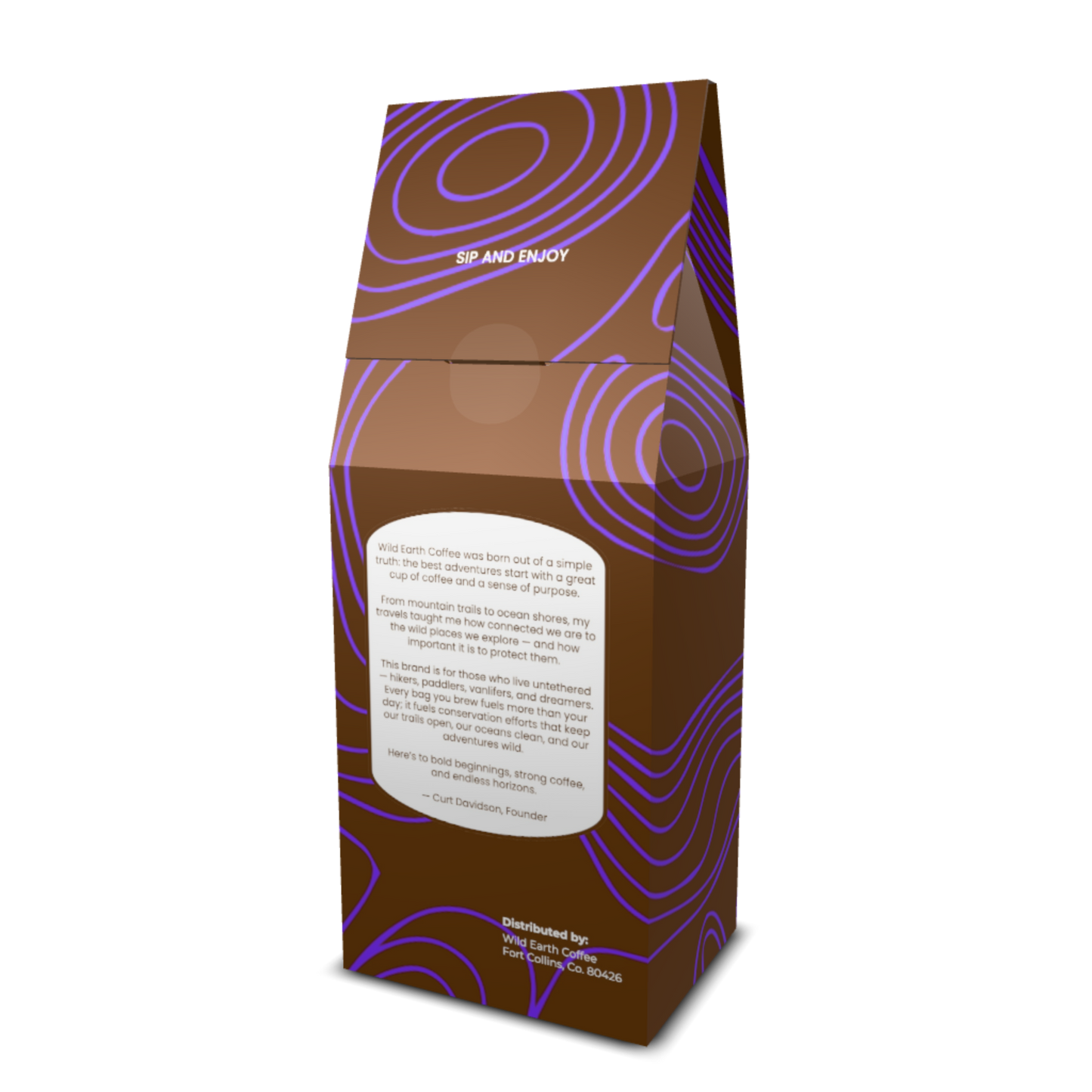 Brown coffee packaging of Highland Berry coffee from Wild Earth Coffee. The bag has a purple topographical pattern and text on a white background