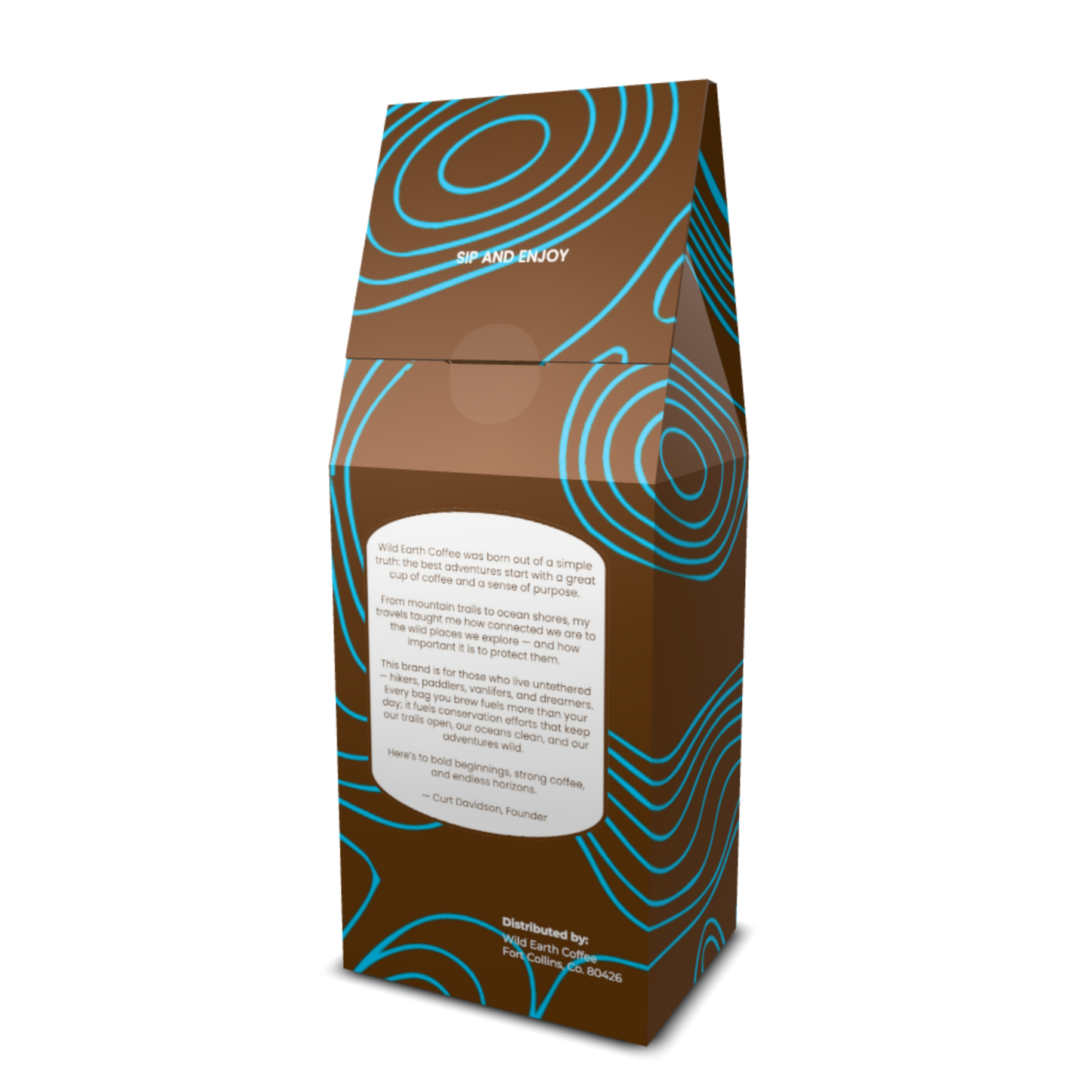 Brown coffee bag with blue patterns and text on a white background