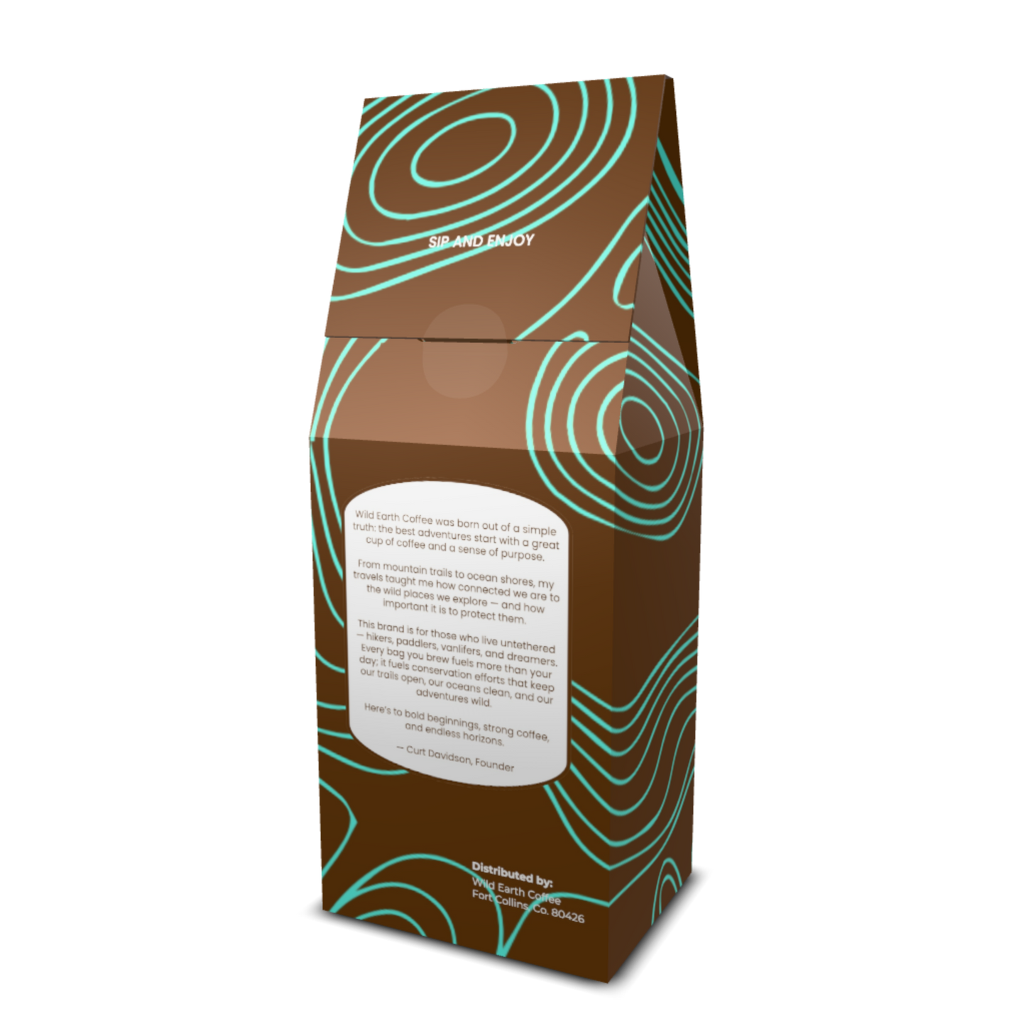 Brown coffee bag with green circular patterns and text on a white background