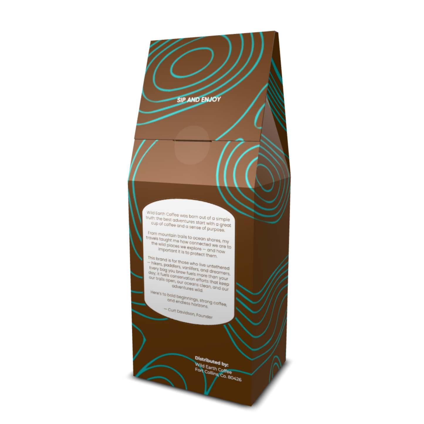 Brown coffee packaging with teal topographical patterns and text on a white background