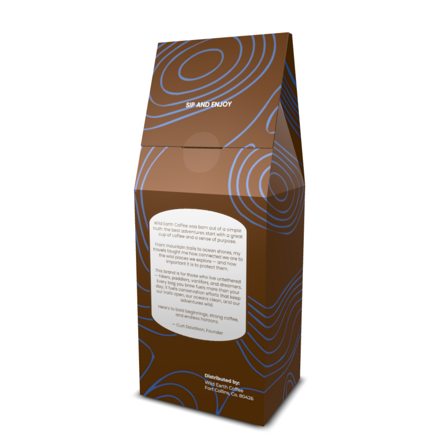 Brown coffee packaging with blue topographical patterns and text on a white background