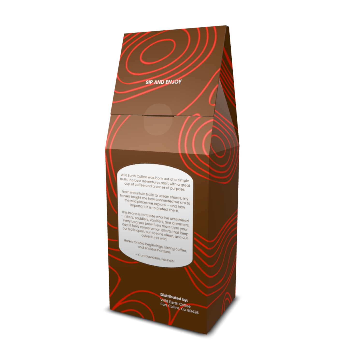 Brown coffee packaging of Volcanic Vista from Wild Earth Coffee. With red circular topographical patterns and text on a white background