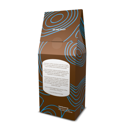Brown coffee packaging with blue patterns and text on a white background