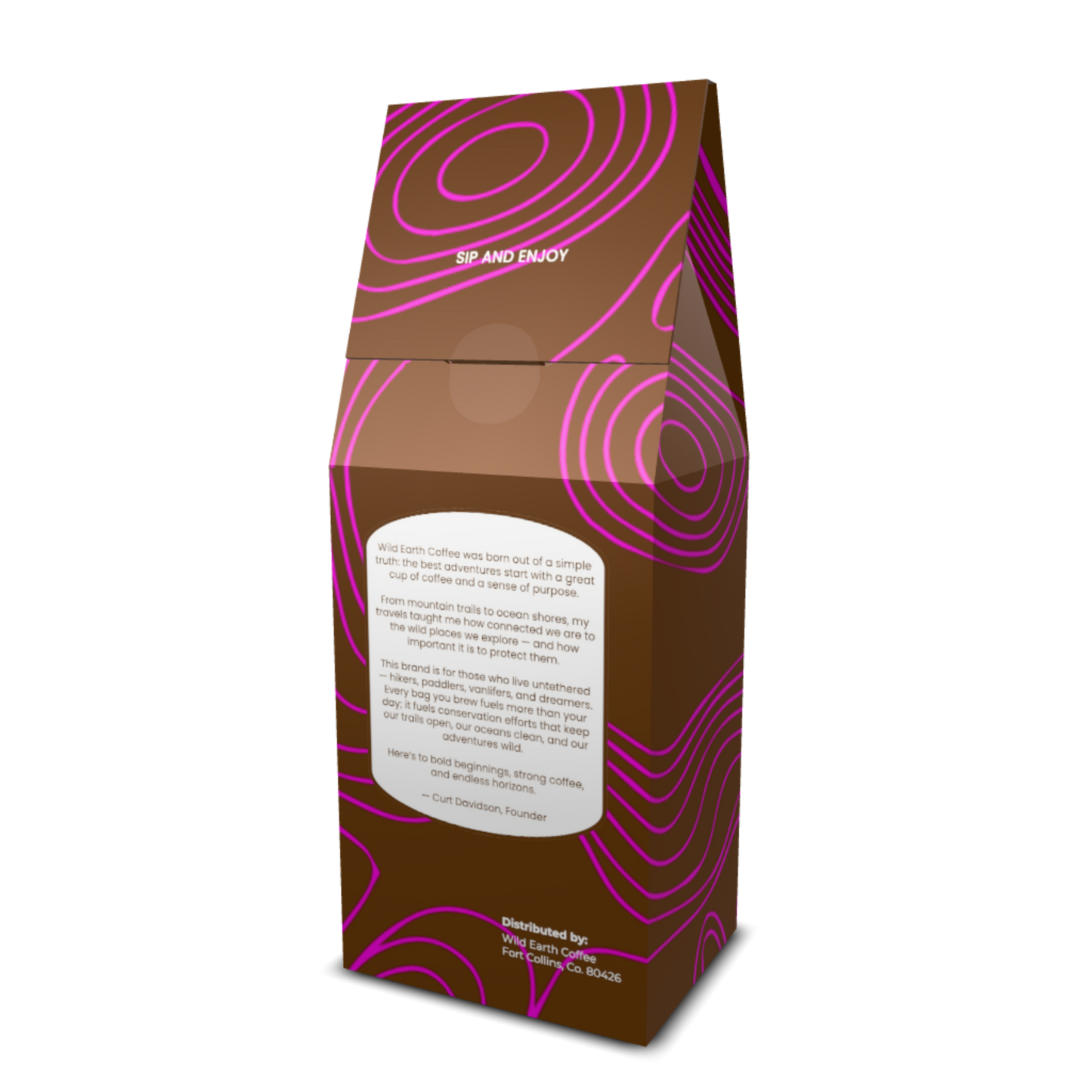 Brown coffee bag with pink circular patterns and text on a white background