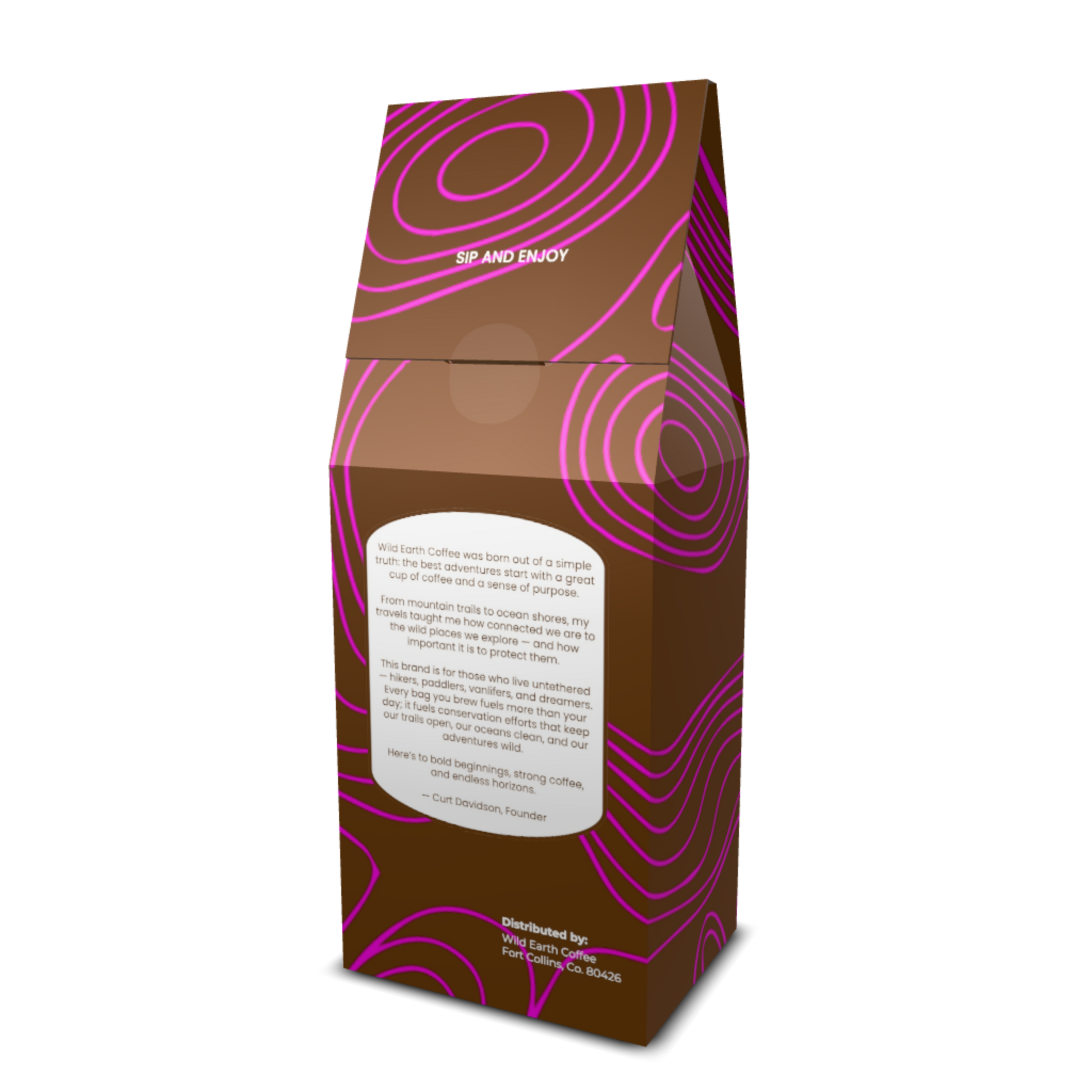 Brown coffee bag with pink circular patterns and text on a white background