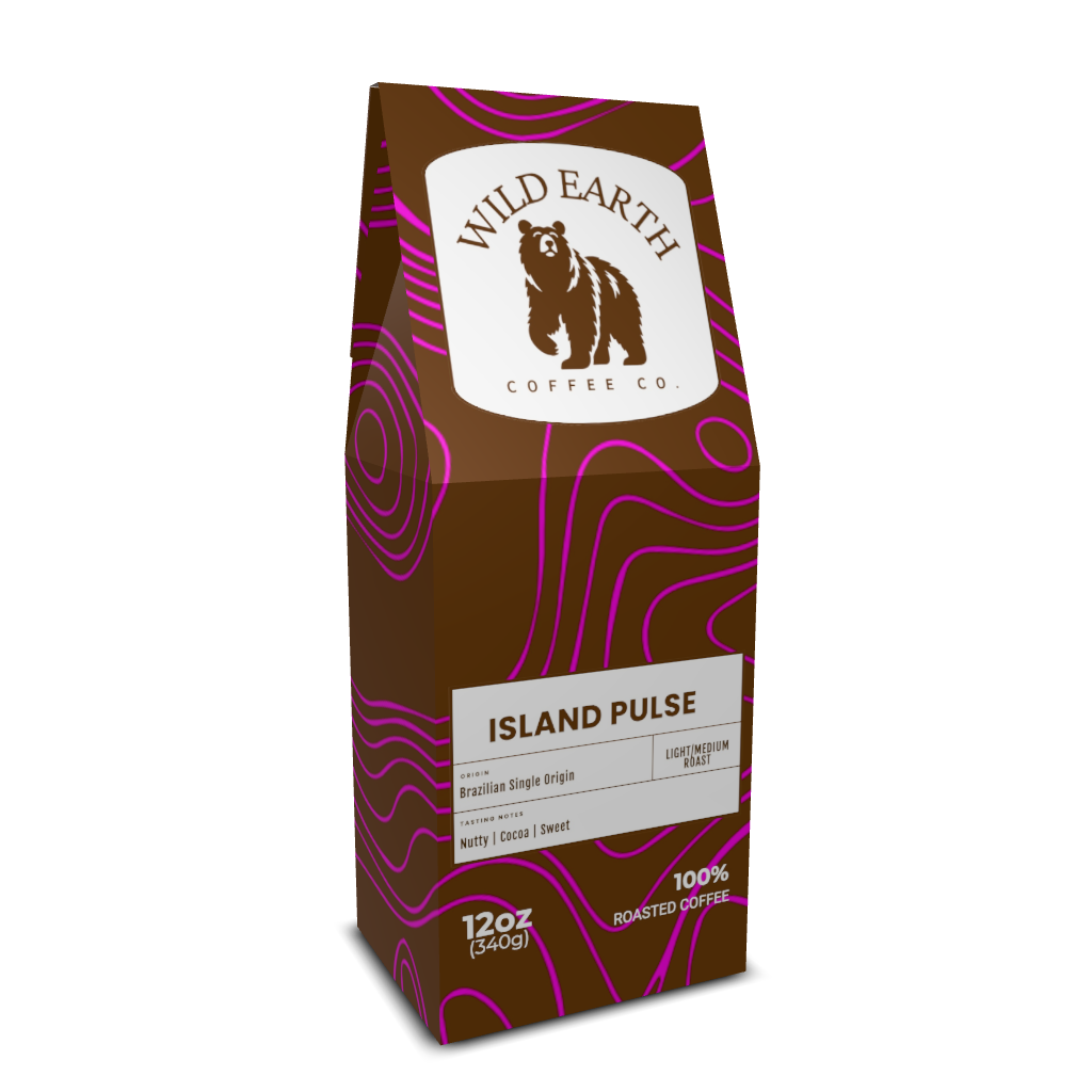 Coffee bag from Wild Earth Coffee Co. with brown and purple design on a white background