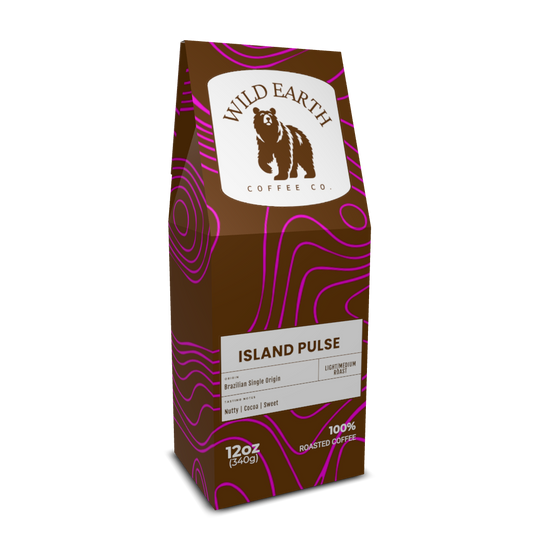 Coffee bag from Wild Earth Coffee Co. with brown and purple design on a white background