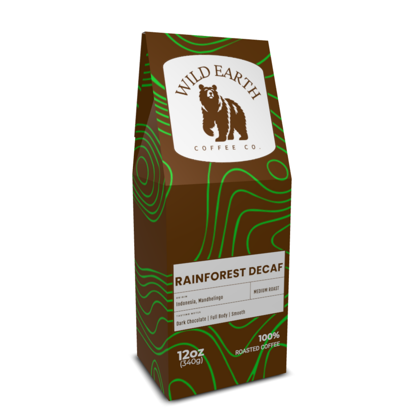 Wild Earth Coffee Co. Rainforest Decaf coffee package. Vibrant green topographical circles are on the brown bag and our brown bear logo sits on a white background
