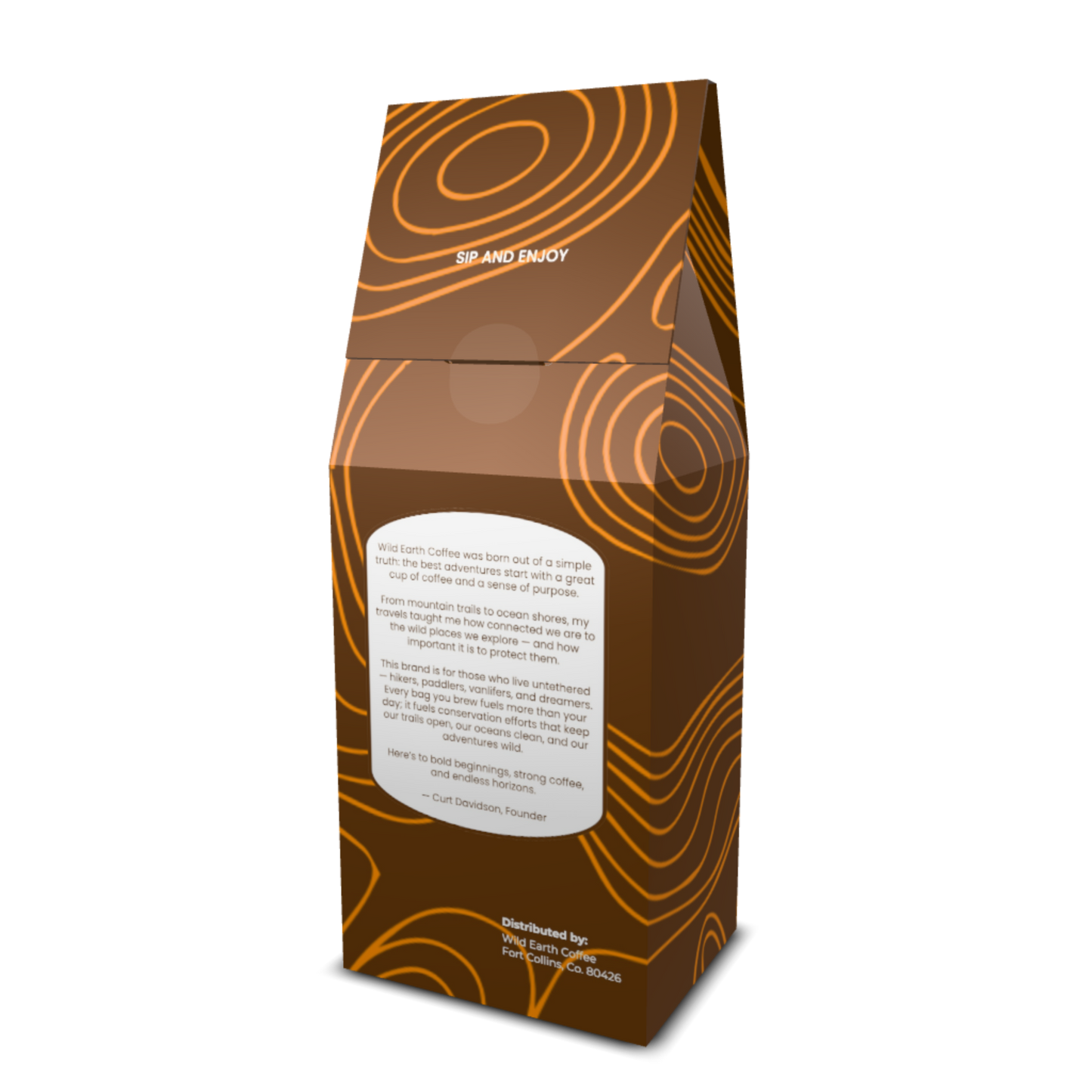 Brown coffee packaging with orange topographical patterns and text on a white background