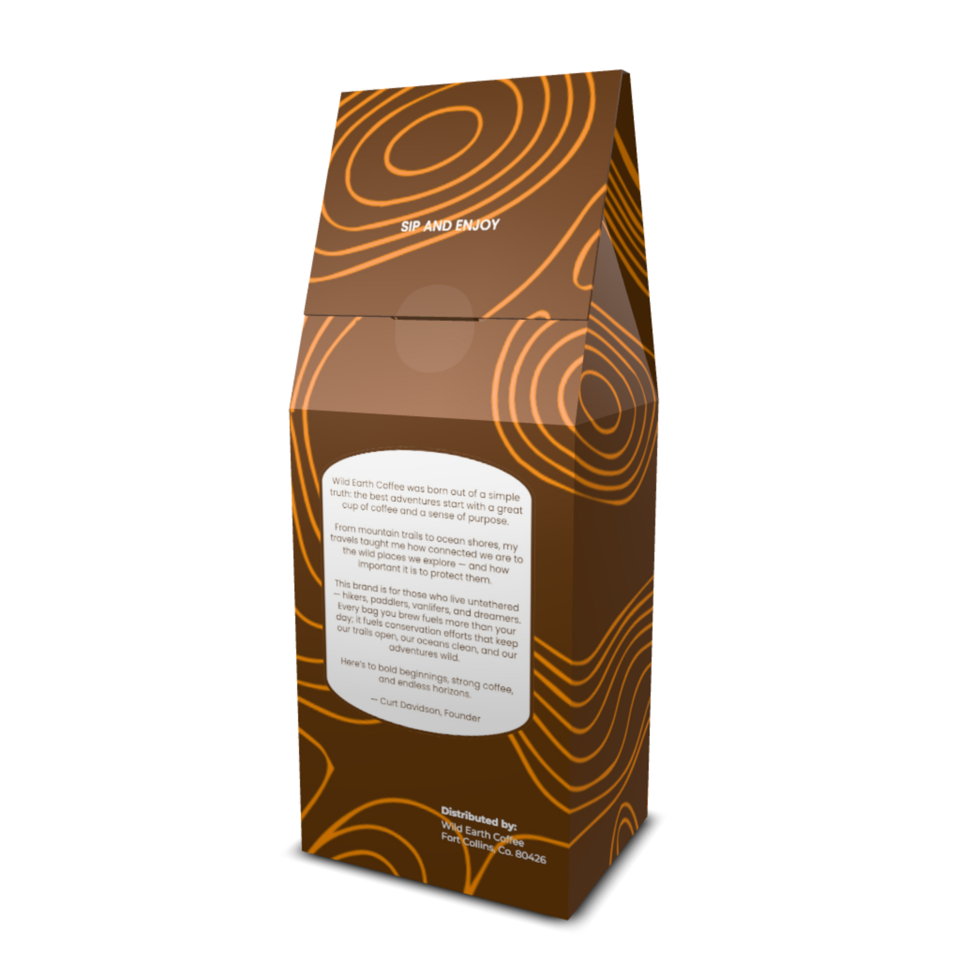 Brown coffee packaging with orange topographical patterns and text on a white background