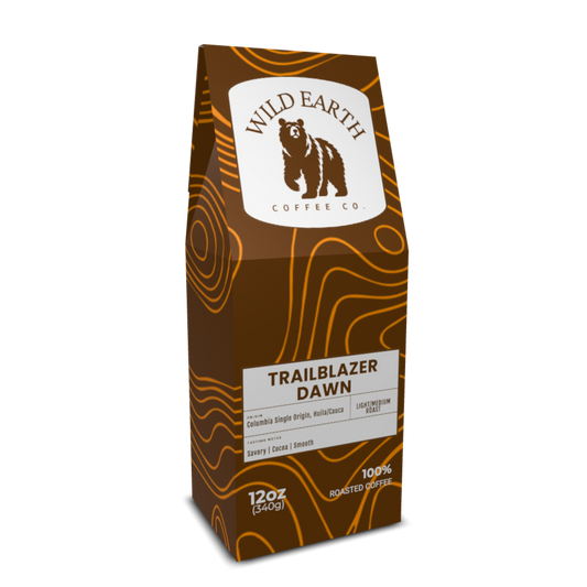 Coffee bag from Wild Earth Coffee Co. with a bear logo on a white background