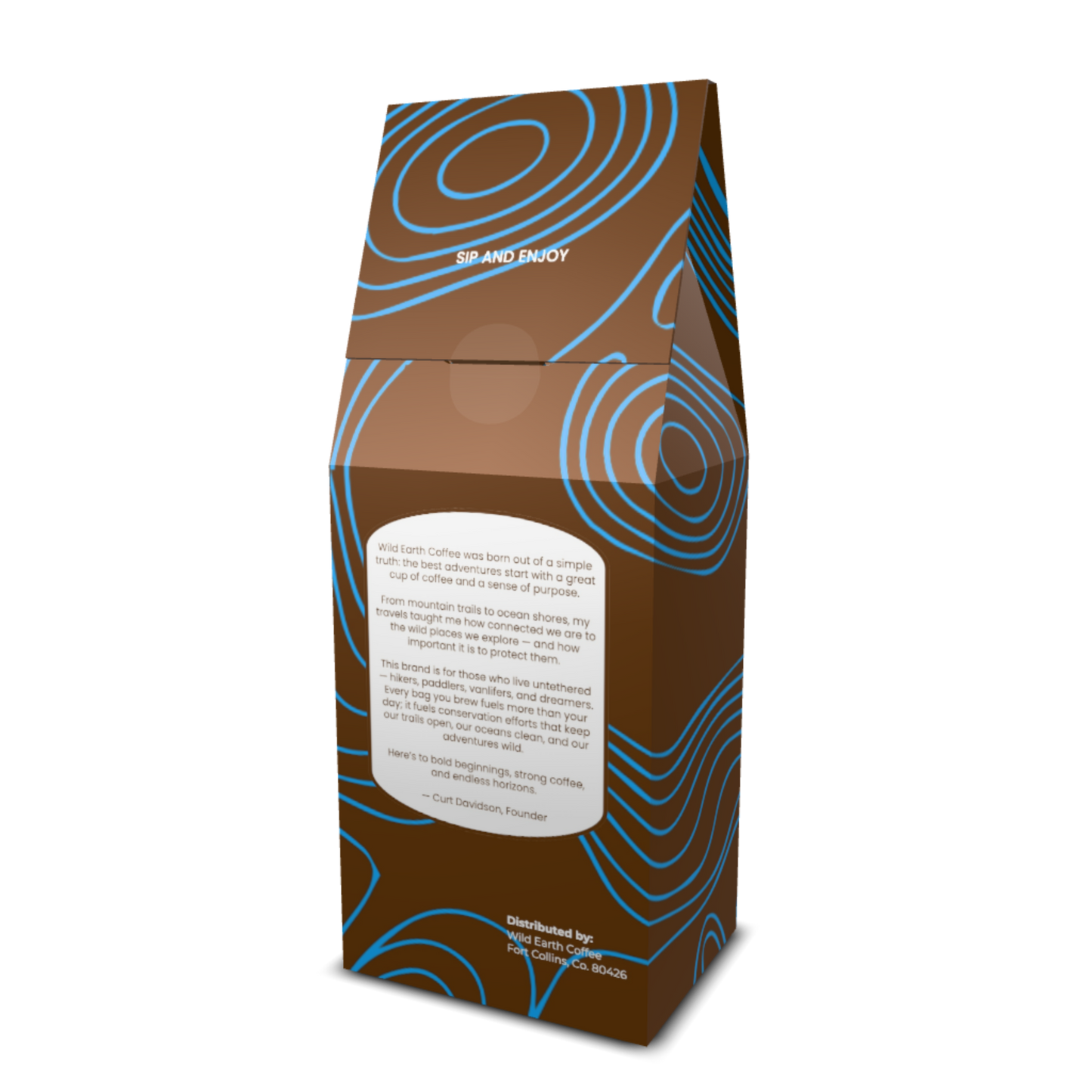 Brown coffee packaging with blue patterns and text on a white background