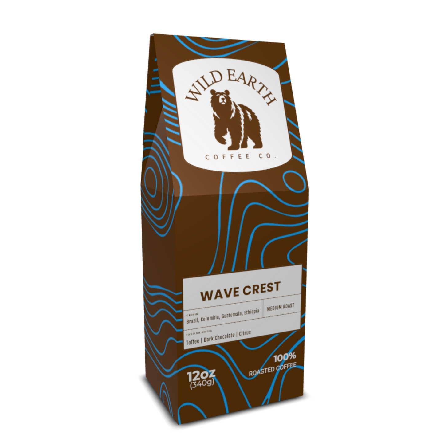 Coffee bag from Wild Earth Coffee Co. with a brown design and white label.
