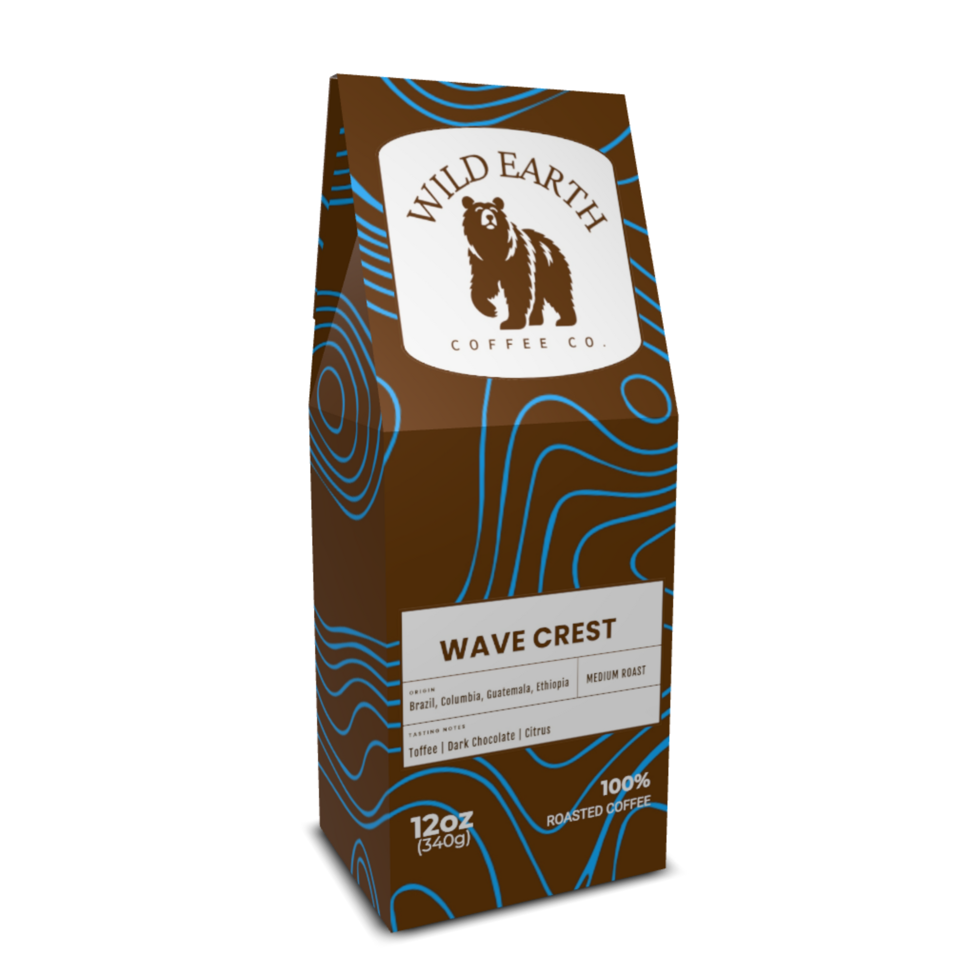 Coffee bag from Wild Earth Coffee Co. with a brown design and white label.